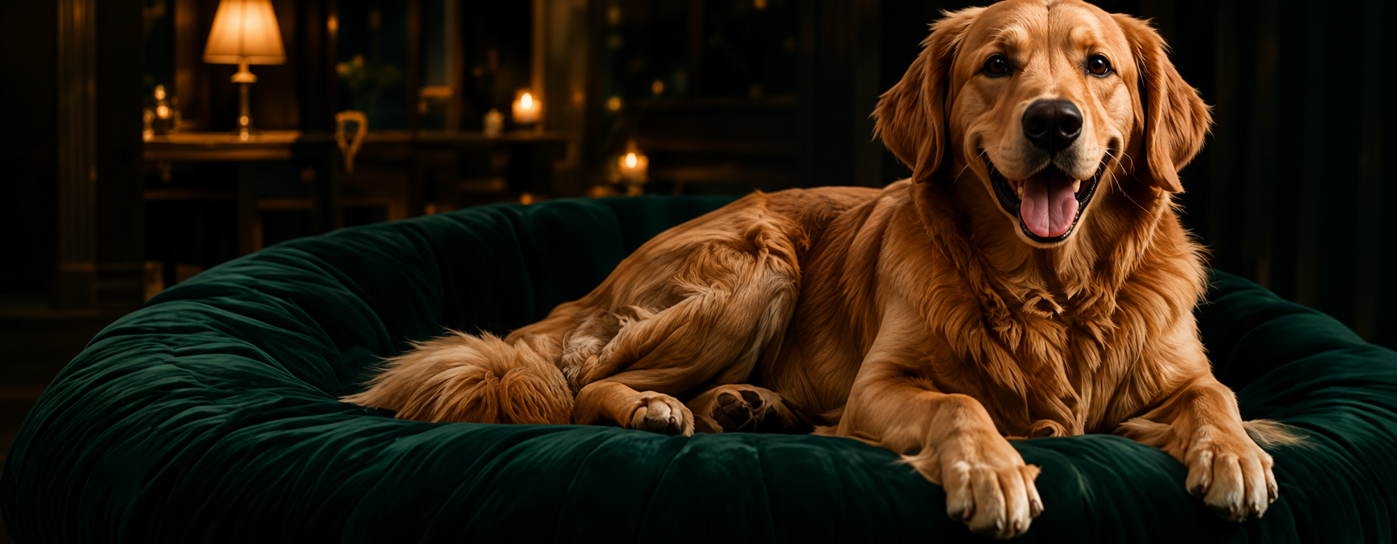 Golden Retriever relaxando em sofá verde no Pet Royal Hotel & Resort