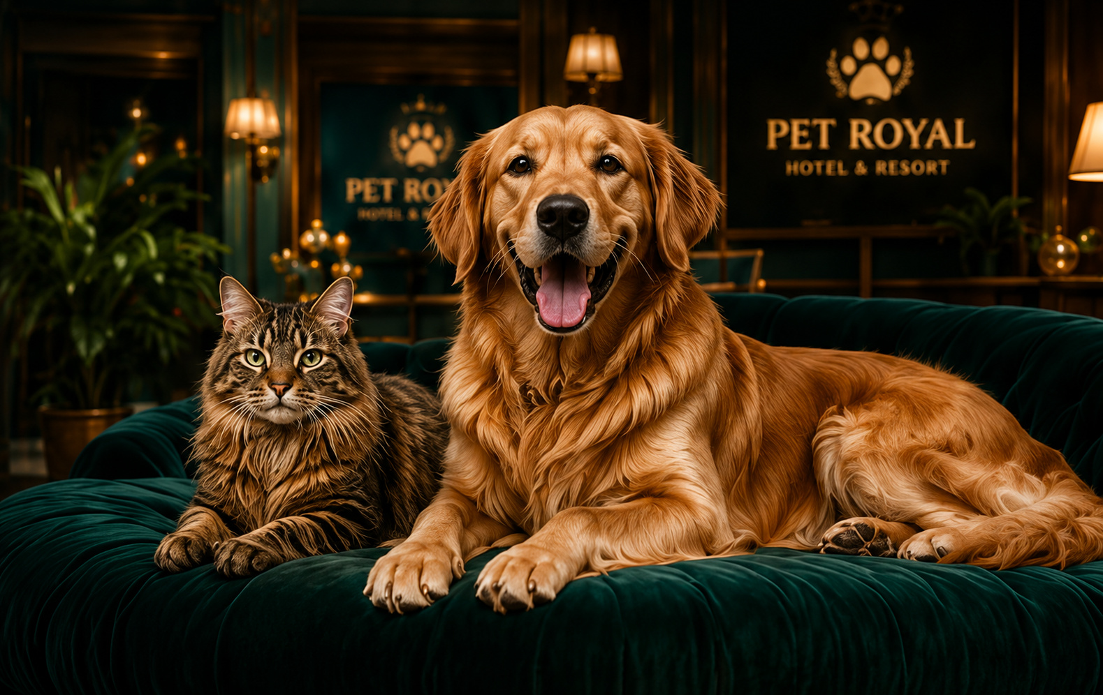 Cão golden retriever e gato lado a lado num sofá luxuoso do PET ROYAL
