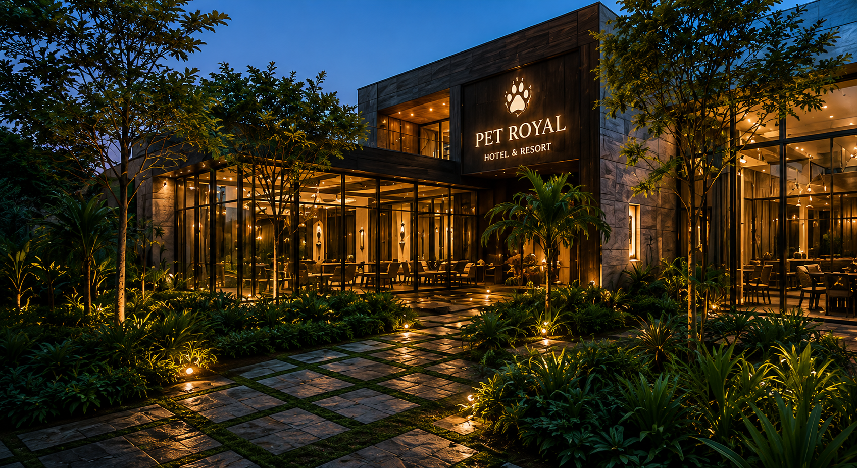 Fachada premium do PET ROYAL Hotel & Resort com paisagismo e iluminação noturna