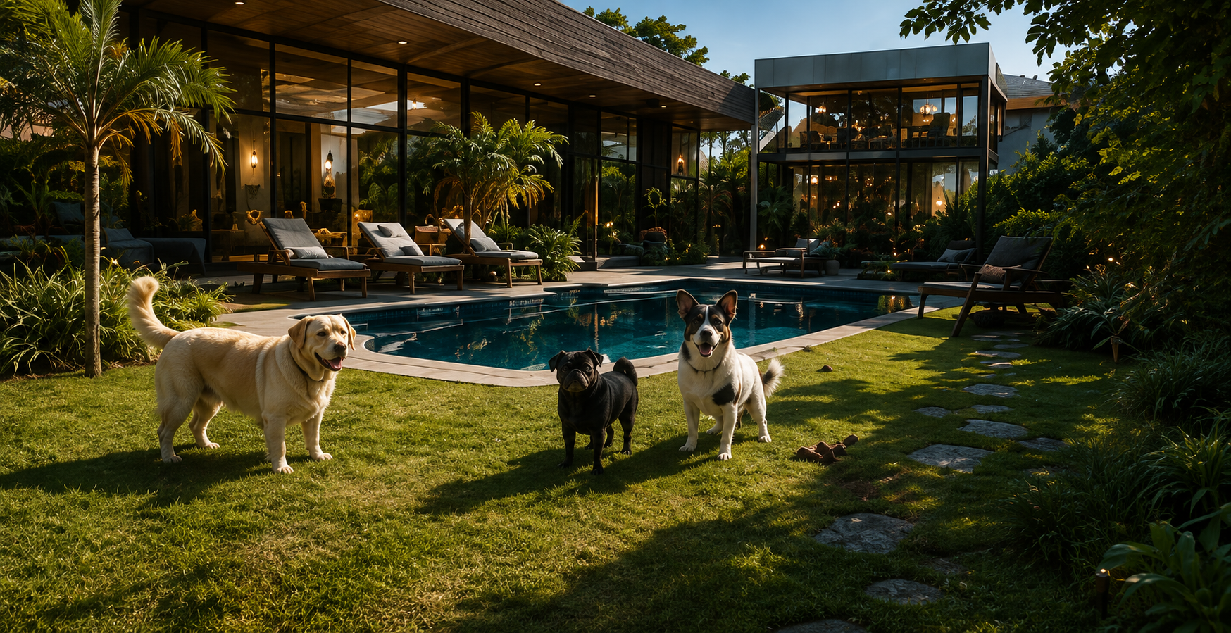 Área externa e piscina do Pet Royal Hotel & Resort com jardins e cães