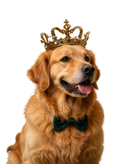 Golden retriever com coroa e laço verde