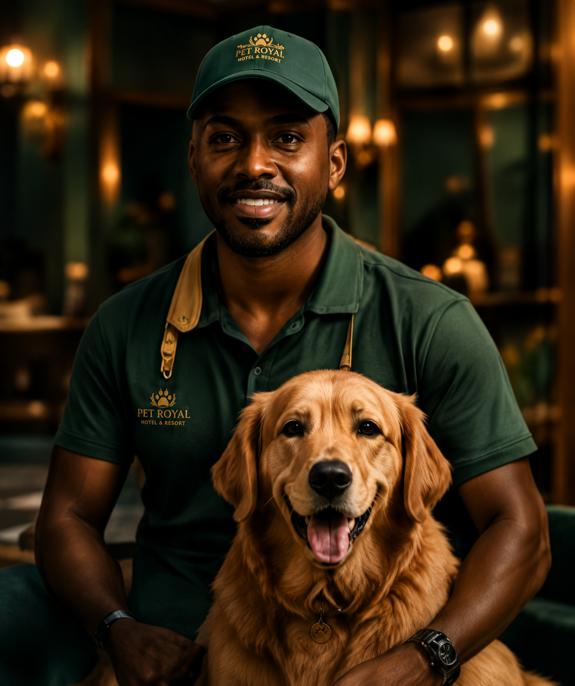 André Oliveira com um golden retriever