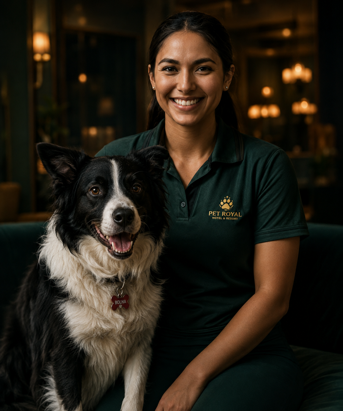 Carolina Souza com um cão preto e branco